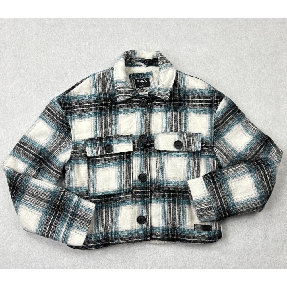 Hurley‎ Plaid Shacket Womens Small Teal Black White Sherpa Lined Cropped Jacket